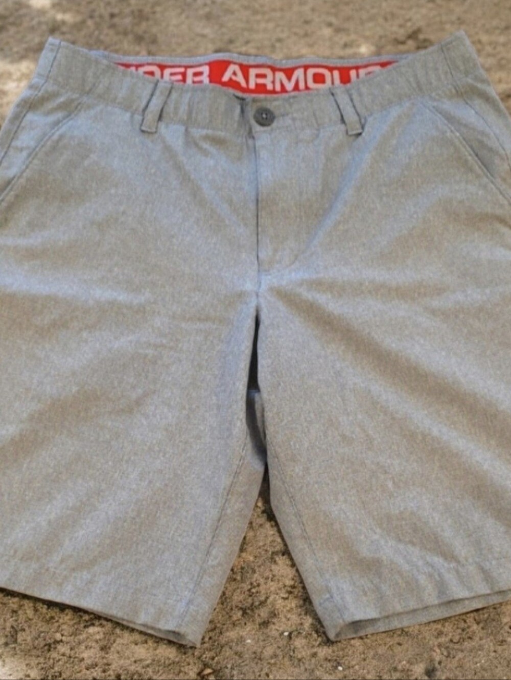 Under Armour Gray Performance FlatFront Shorts with Red Waistband Detail Size 34